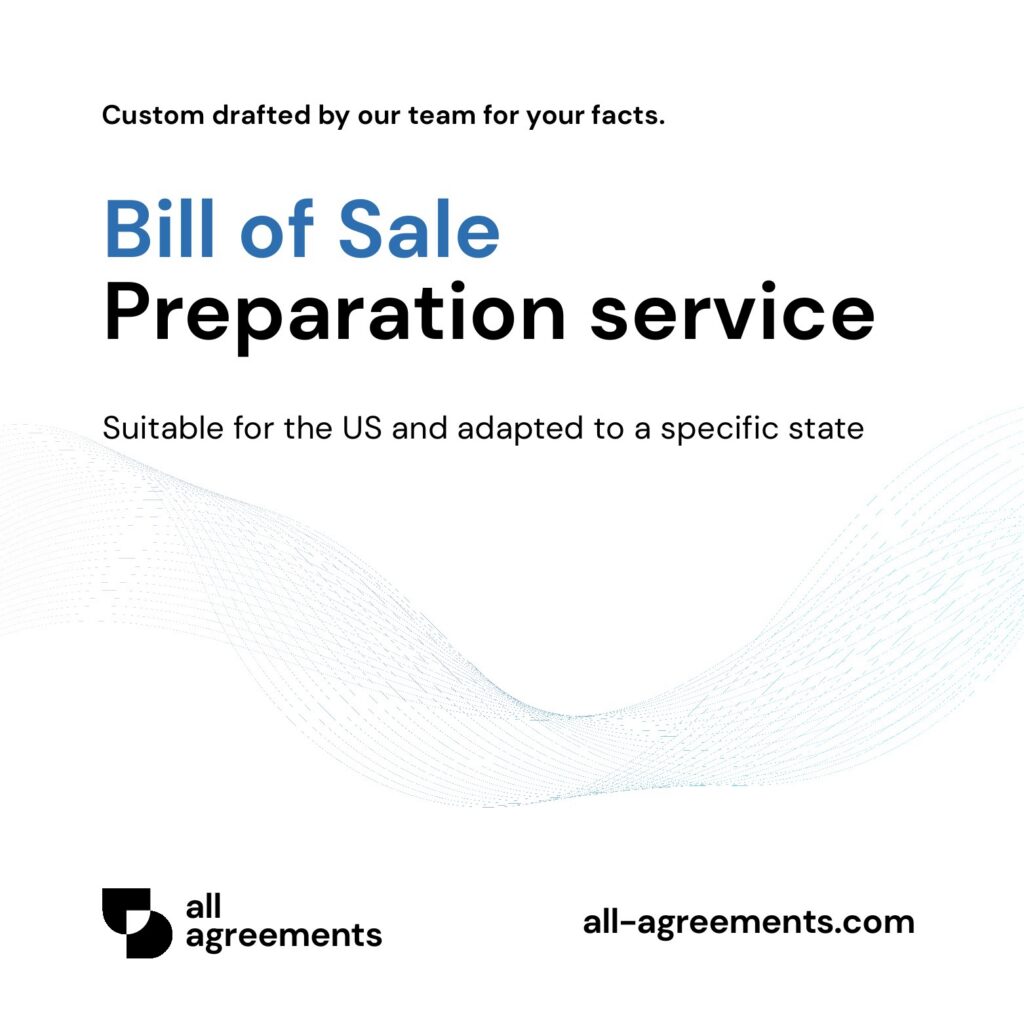 Custom Bill of Sale Preparation Service – Page 1: Product cover showing hand-prepared personal property and vehicle transfer document mockup.