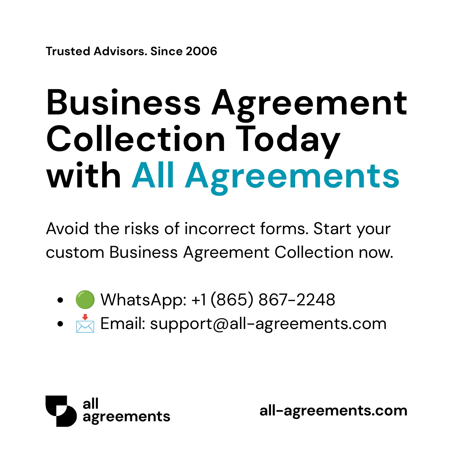 Alt Text: Custom Business Agreement Collection Service – Page 10: Order call to action button with all agreements logo.