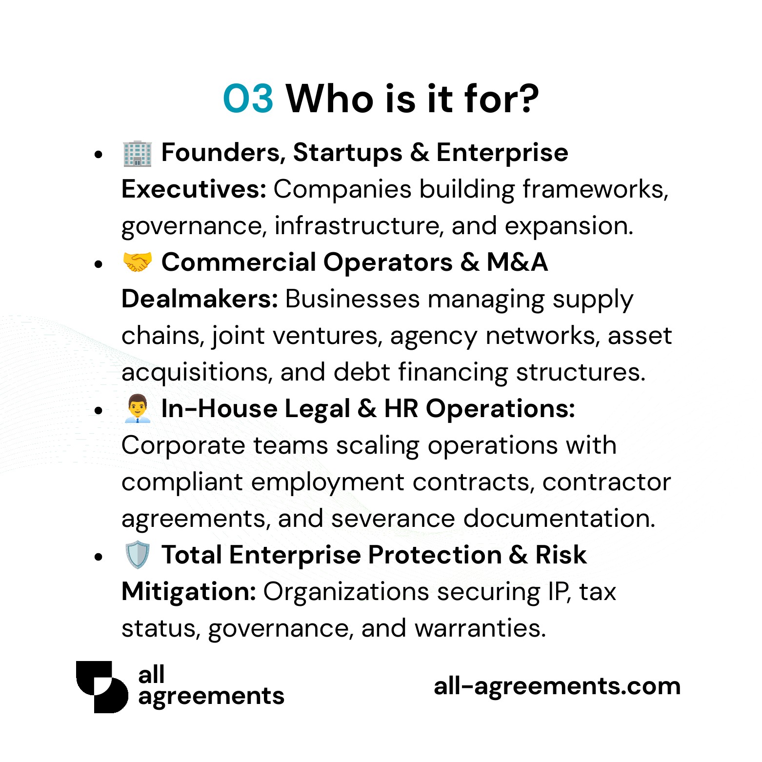 Alt Text: Custom Business Agreement Collection Service – Page 4: Infographic showing use cases for startup founders, commercial operators, M&A dealmakers, and corporate HR leads.
