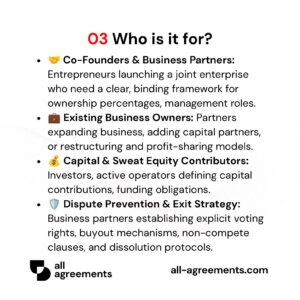 Alt Text: Custom Business Partnership Agreement Preparation Service – Page 4: Infographic showing use cases for co-founders, joint venture partners, small business owners, and investors.