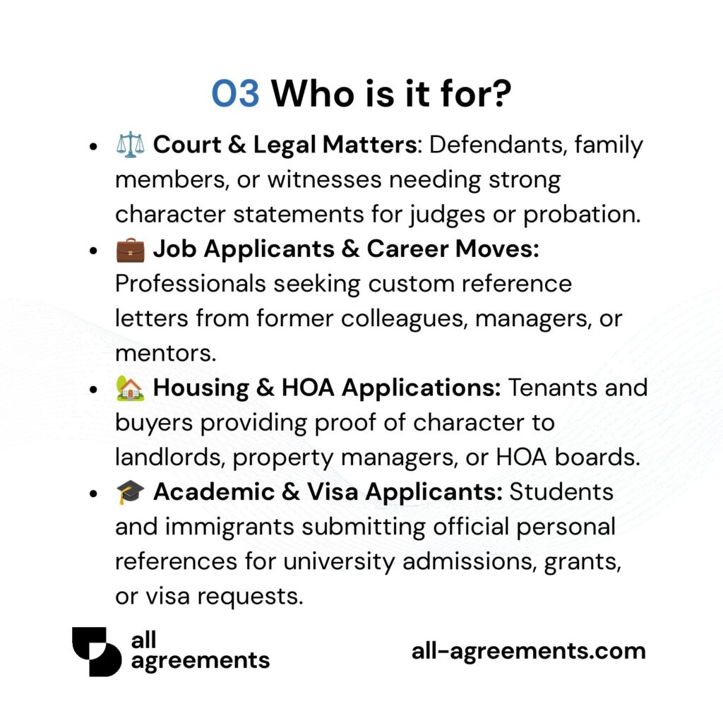 Alt Text: Custom Character Reference Letter Preparation Service – Page 4: Infographic showing use cases for courts, employers, landlords, and universities.