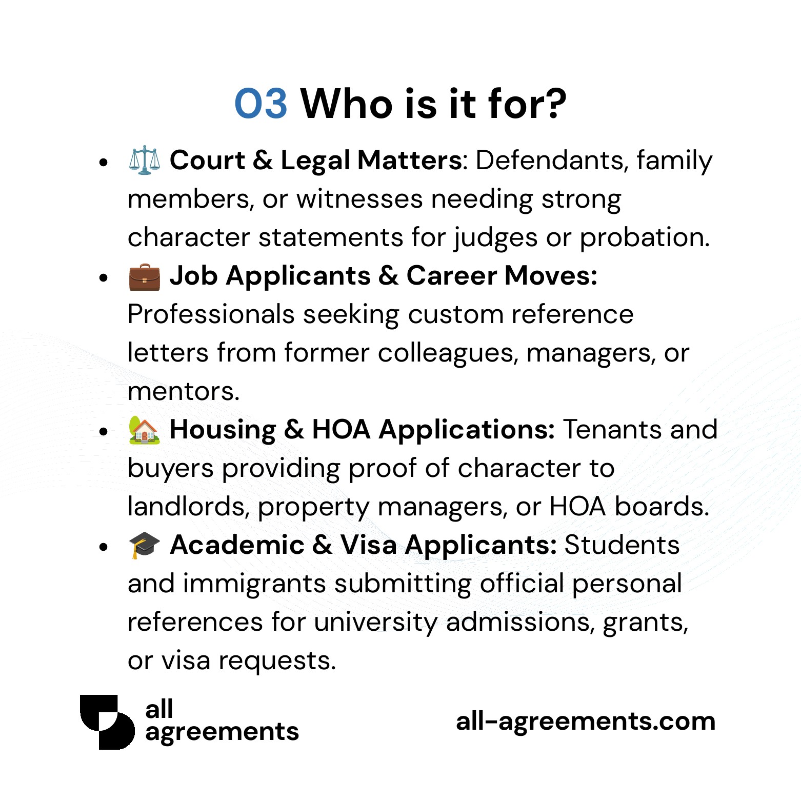 Alt Text: Custom Character Reference Letter Preparation Service – Page 4: Infographic showing use cases for courts, employers, landlords, and universities.