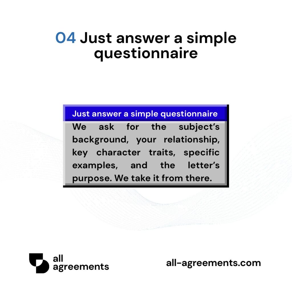 Alt Text: Custom Character Reference Letter Preparation Service – Page 5: Diagram showing questionnaire mapping relationship, key traits, and recipient info.