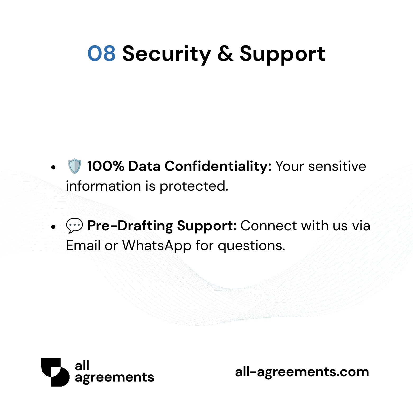 Alt Text: Custom Character Reference Letter Preparation Service – Page 9: Data privacy protection shield and pre-order customer support.