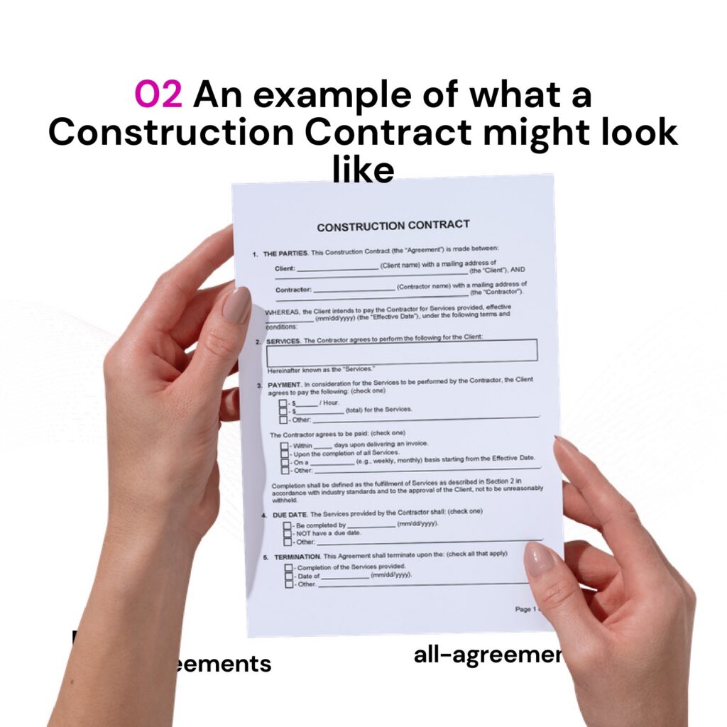 Alt Text: Custom Construction Contract Preparation Service – Page 3: Diagram of legal pillars including Scope of Work, Pricing & Milestones, Change Orders & Delays, and Warranties & Liens.