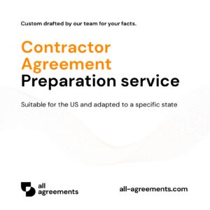 Alt Text: Custom Contractor Agreement Preparation Service – Page 1: Product cover showing hand-prepared independent contractor and freelancer contract document mockup.