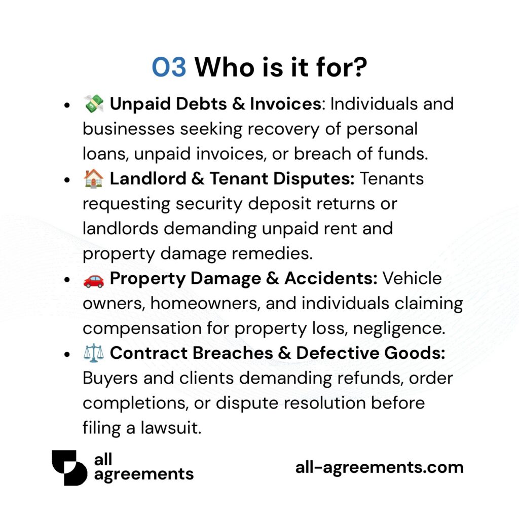 Alt Text: Custom Demand Letter Preparation Service – Page 4: Infographic showing use cases for unpaid debts, landlord disputes, property damage, and breach of contract.