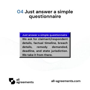 Alt Text: Custom Demand Letter Preparation Service – Page 5: Diagram showing questionnaire mapping breach events, monetary damages, response deadlines, and evidence references.