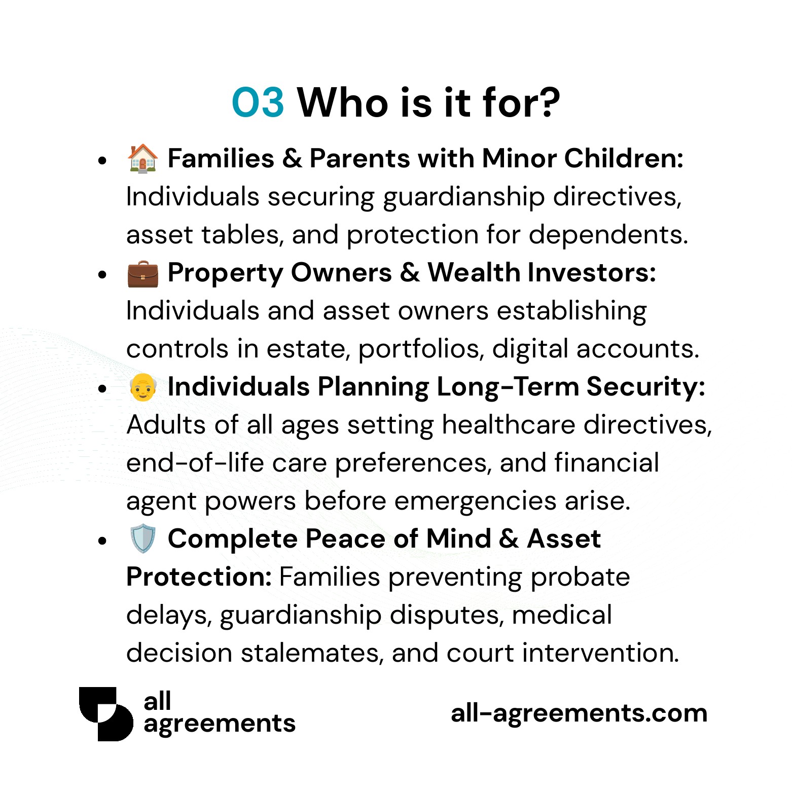 Alt Text: Custom Estate Planning Bundle Service – Page 4: Infographic showing use cases for parents, real estate owners, high-net-worth individuals, and retirees.