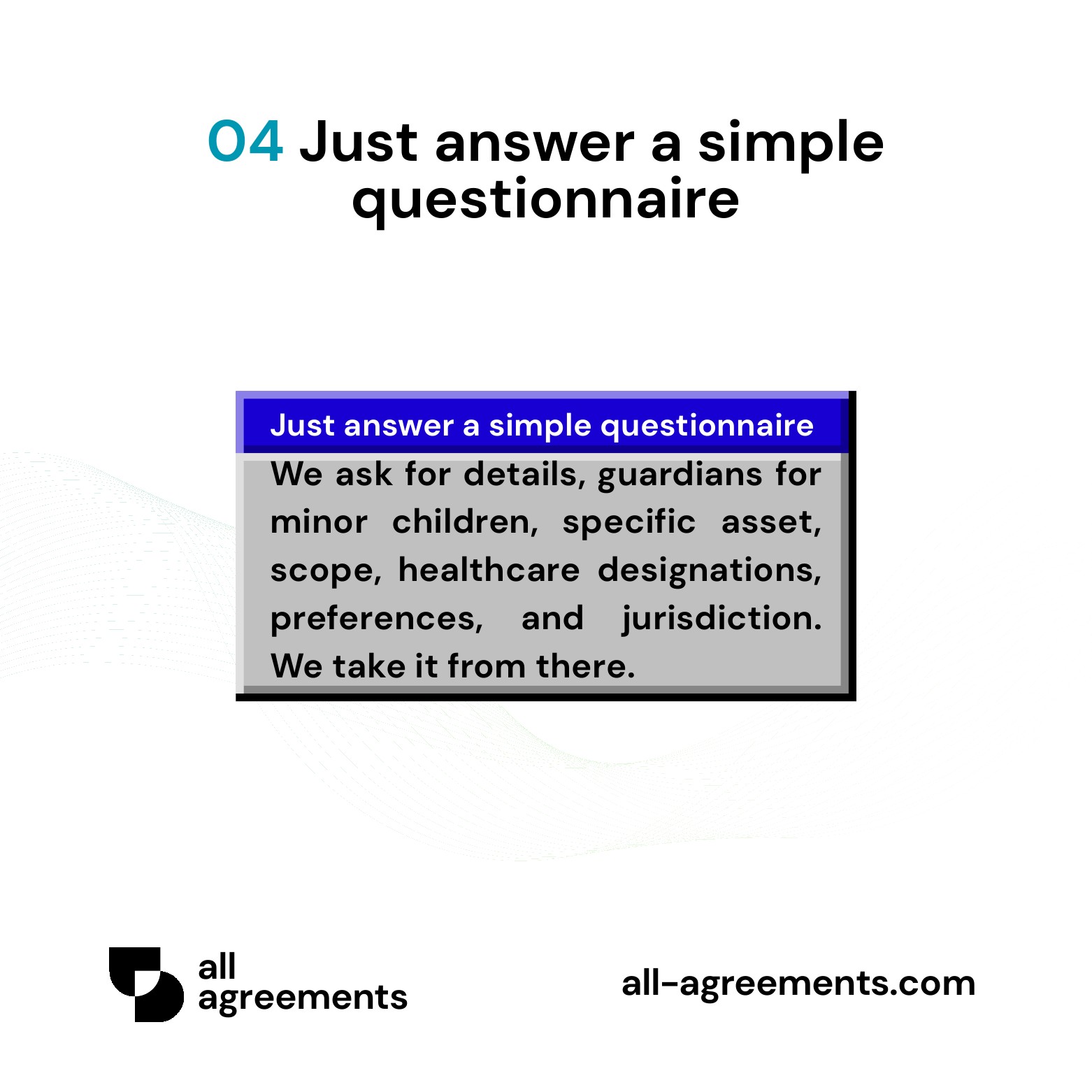 Alt Text: Custom Estate Planning Bundle Service – Page 5: Diagram showing questionnaire mapping executors, guardians, financial agents, medical proxies, care preferences, and probate laws.
