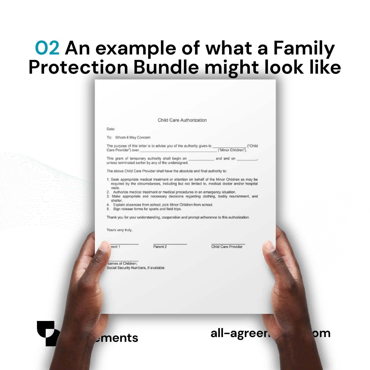 Alt Text: Custom Family Protection Bundle Service – Page 3: Diagram of legal pillars including Child Guardianship & Safety, Healthcare & Emergency Directives, Financial & Property Continuity, and Family Asset Protection.
