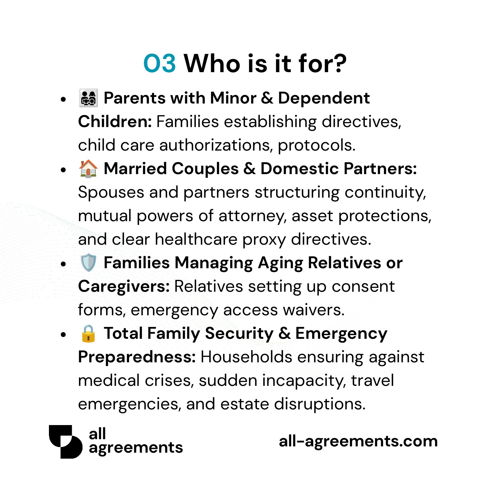 Alt Text: Custom Family Protection Bundle Service – Page 4: Infographic showing use cases for parents with young children, married couples, caregiving families, and property owners.