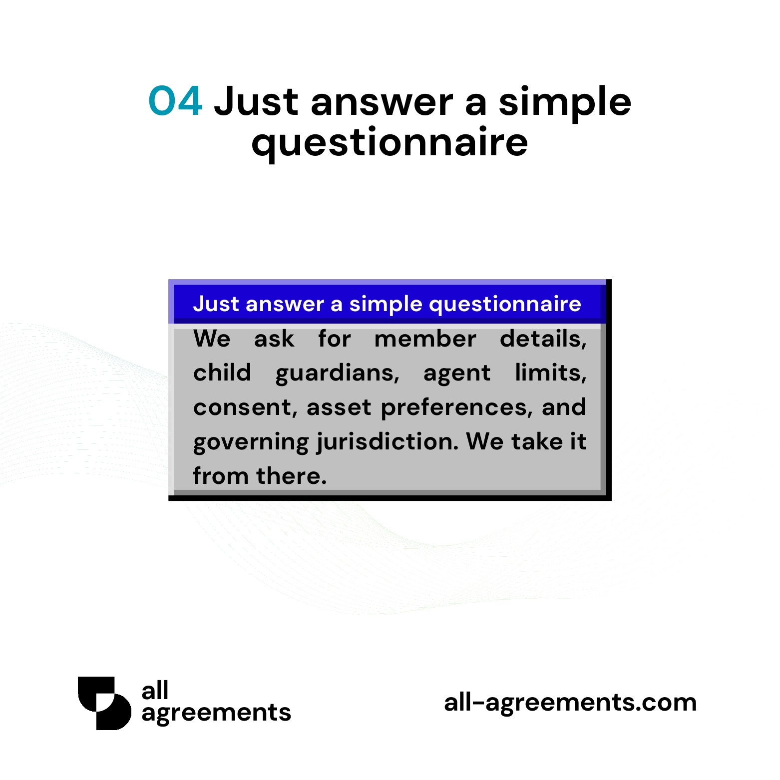 Alt Text: Custom Family Protection Bundle Service – Page 5: Diagram showing questionnaire mapping family guardians, medical proxies, emergency care preferences, financial agents, and state family laws.