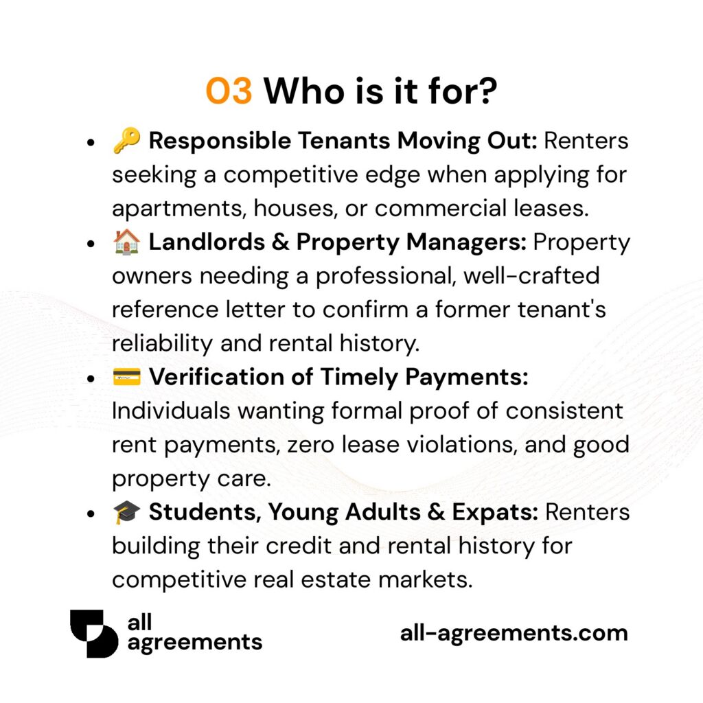 Alt Text: Custom Landlord Reference Letter Preparation Service – Page 4: Infographic showing use cases for moving tenants, landlords, verifying payment records, and young renters.