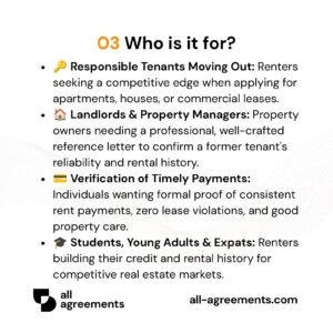 Alt Text: Custom Landlord Reference Letter Preparation Service – Page 4: Infographic showing use cases for moving tenants, landlords, verifying payment records, and young renters.