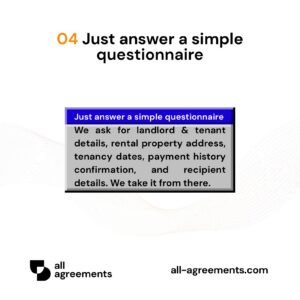 Alt Text: Custom Landlord Reference Letter Preparation Service – Page 5: Diagram showing questionnaire mapping rental address, lease dates, monthly rent, deposit refund, and landlord contact info.