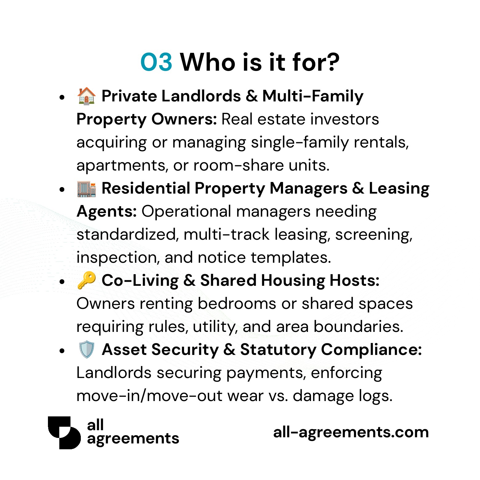Alt Text: Custom Landlord Starter Pack Service – Page 4: Infographic showing use cases for private landlords, property management agencies, real estate investors, and co-living hosts.