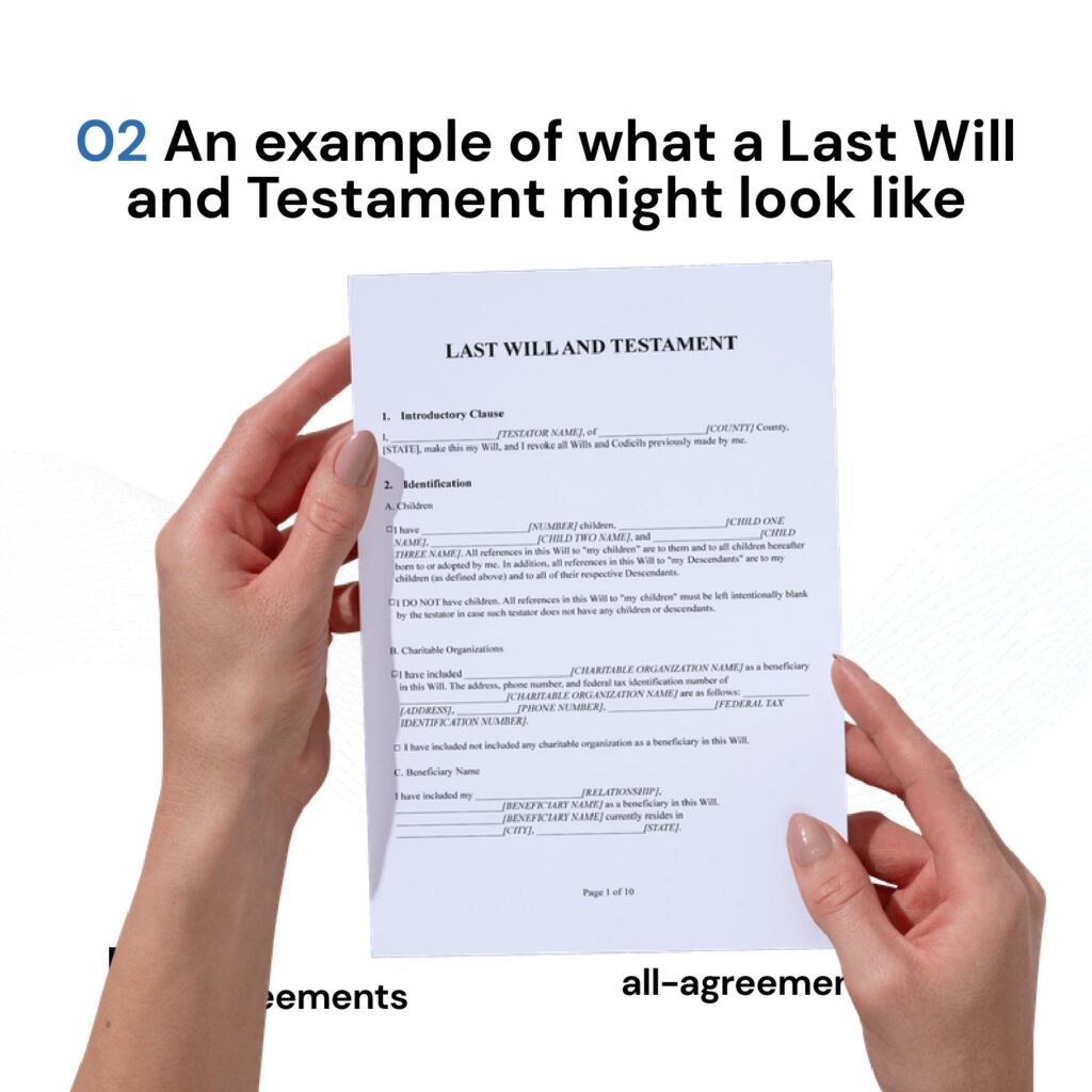 Alt Text: Custom Last Will and Testament Preparation Service – Page 3: Diagram of legal pillars including Testator/Executor Details, Asset Bequests, Guardianship Nominations, and Residuary Estate.