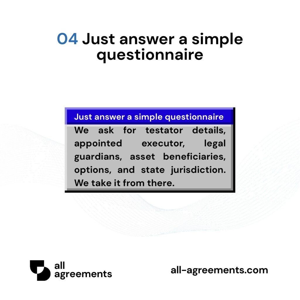 Alt Text: Custom Last Will and Testament Preparation Service – Page 5: Diagram showing questionnaire mapping asset distribution, executor rights, guardian choices, and beneficiary facts.