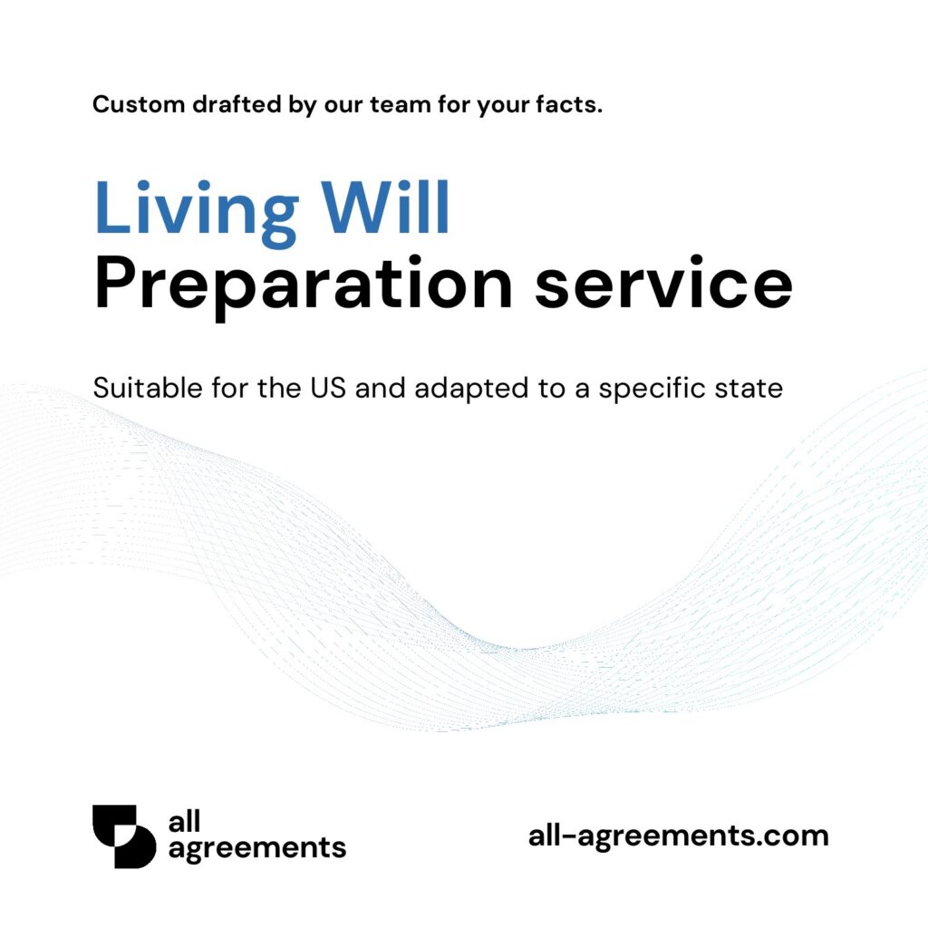 Alt Text: Custom Living Will Preparation Service – Page 1: Product cover showing hand-prepared advance healthcare directive document mockup.