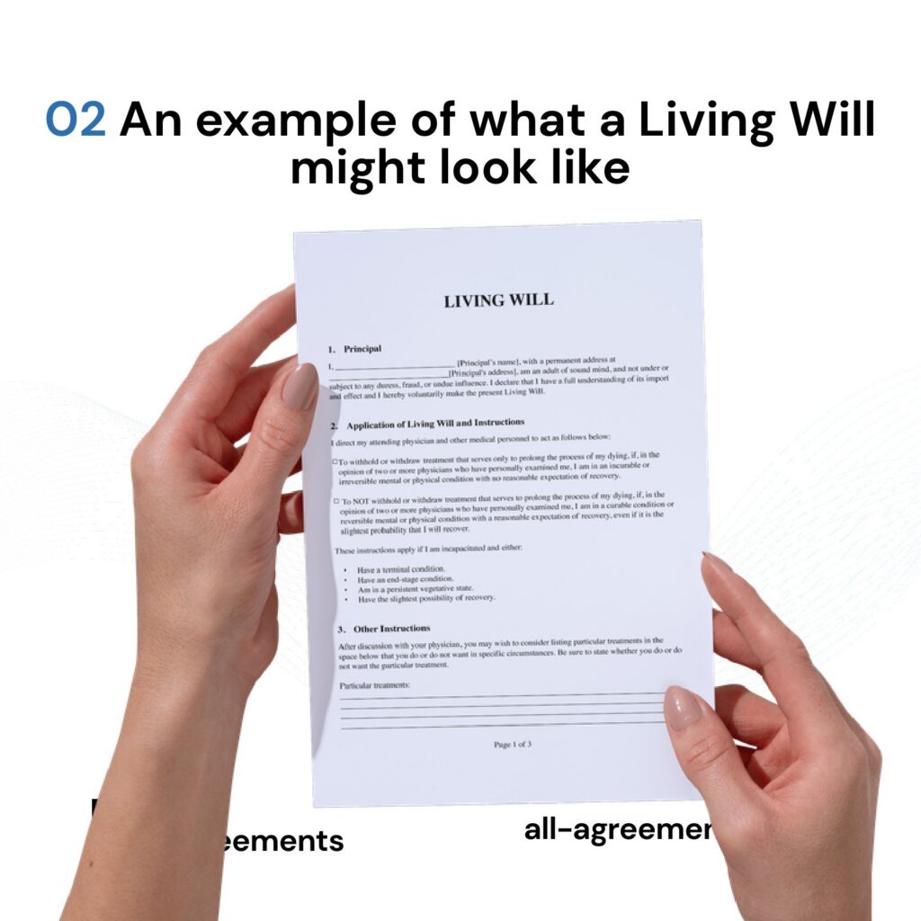 Alt Text: Custom Living Will Preparation Service – Page 3: Diagram of legal pillars including Declarant Info, Healthcare Representative, Treatment Directions, and Organ Donation Choices.