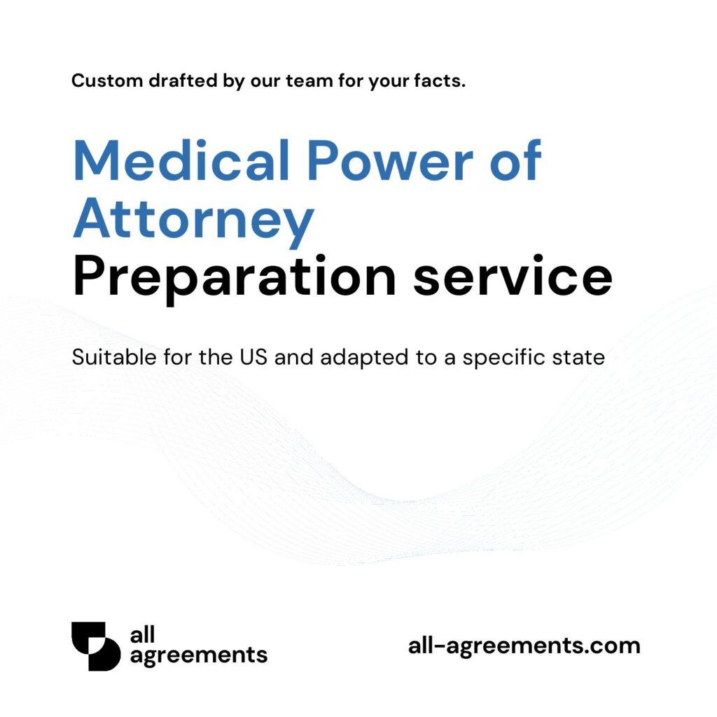 Alt Text: Custom Medical Power of Attorney Preparation Service – Page 1: Product cover showing hand-prepared healthcare proxy and agent designation document mockup.