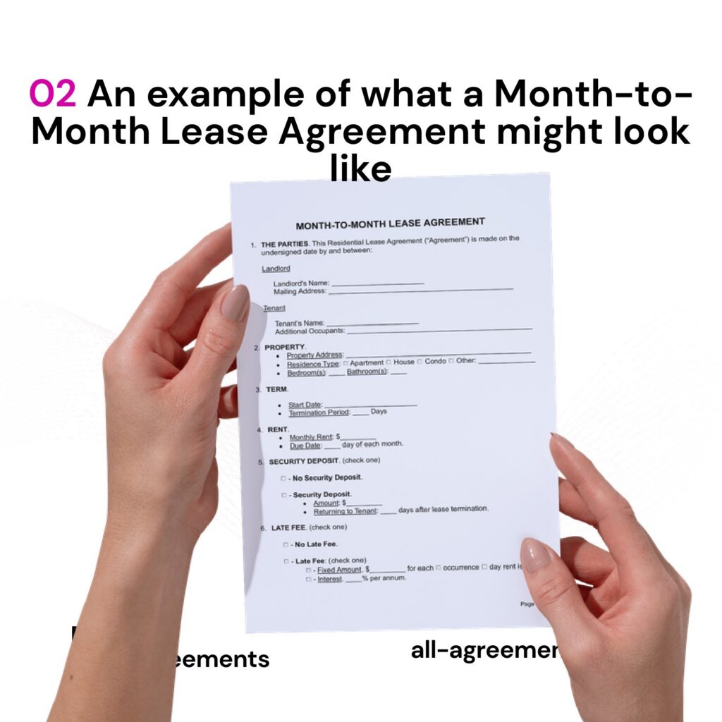 Alt Text: Custom Month-to-Month Lease Agreement Preparation Service – Page 3: Diagram of legal pillars including Monthly Rent & Security Deposit, Termination & Notice Windows, Utility Allocation, and House Rules.