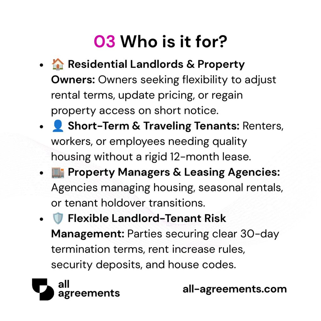 Alt Text: Custom Month-to-Month Lease Agreement Preparation Service – Page 4: Infographic showing use cases for private landlords, traveling professionals, property management firms, and temporary tenants.