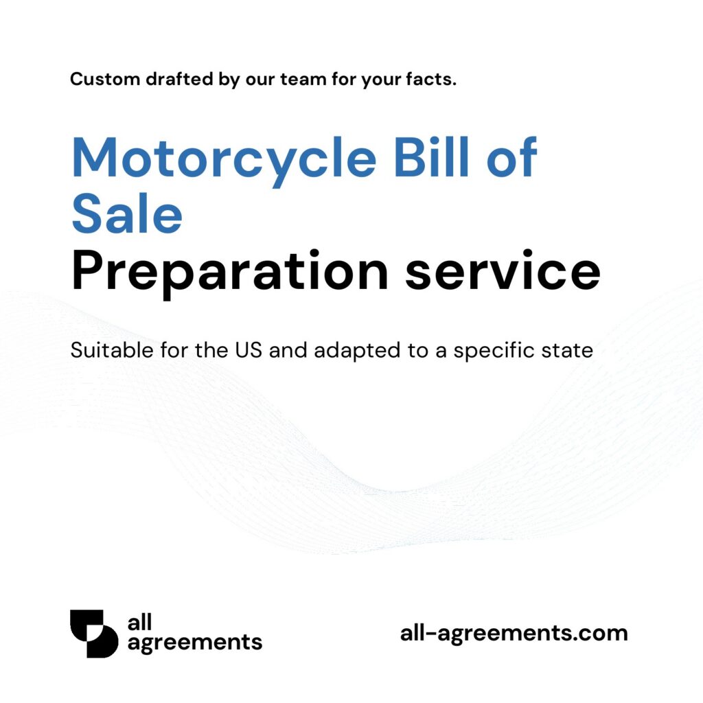 Alt Text: Custom Motorcycle Bill of Sale Preparation Service – Page 1: Product cover showing hand-prepared motorcycle and power sports transfer document mockup.