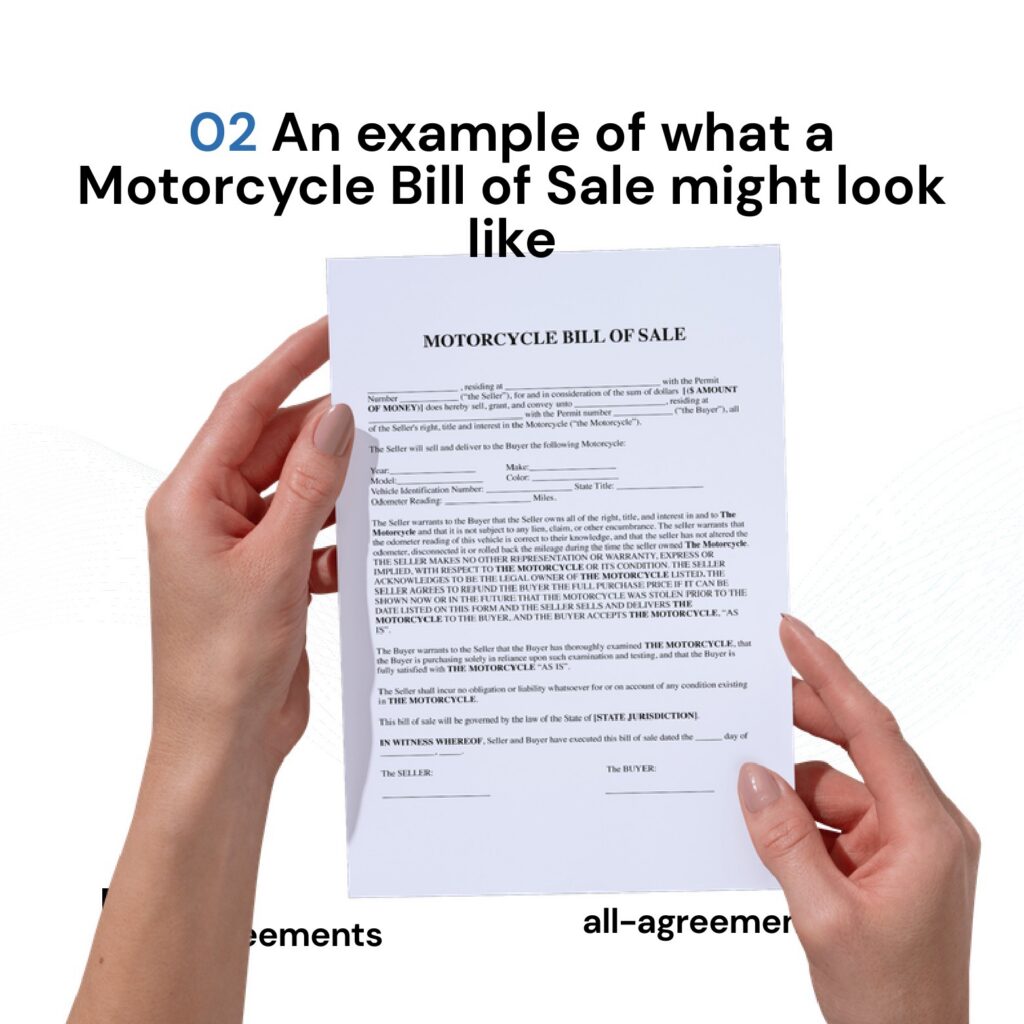 Alt Text: Custom Motorcycle Bill of Sale Preparation Service – Page 3: Diagram of legal pillars including Vehicle Specs, Odometer Statement, As-Is Status, and Payment Terms.