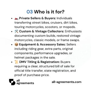 Alt Text: Custom Motorcycle Bill of Sale Preparation Service – Page 4: Infographic showing use cases for street bike owners, custom collectors, parts packages, and DMV registration.