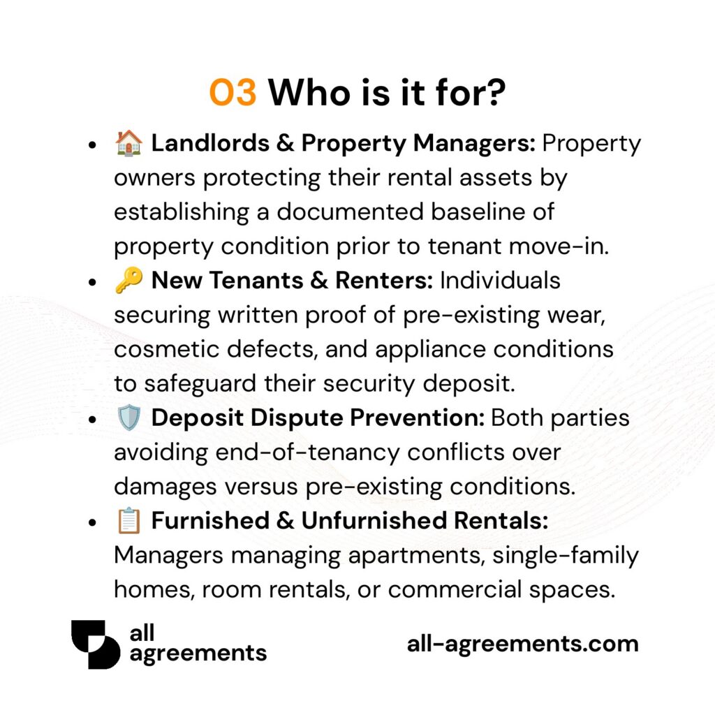 Alt Text: Custom Move-In Checklist Preparation Service – Page 4: Infographic showing use cases for property owners, new renters, dispute prevention, and furnished units.