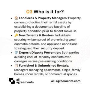 Alt Text: Custom Move-In Checklist Preparation Service – Page 4: Infographic showing use cases for property owners, new renters, dispute prevention, and furnished units.