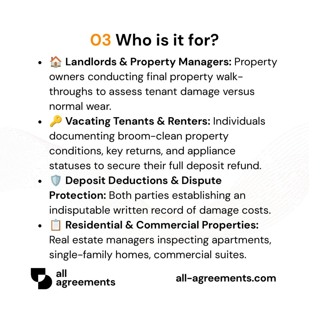 Alt Text: Custom Move-Out Checklist Preparation Service – Page 4: Infographic showing use cases for property owners, departing renters, deposit calculations, and commercial spaces.