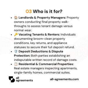 Alt Text: Custom Move-Out Checklist Preparation Service – Page 4: Infographic showing use cases for property owners, departing renters, deposit calculations, and commercial spaces.