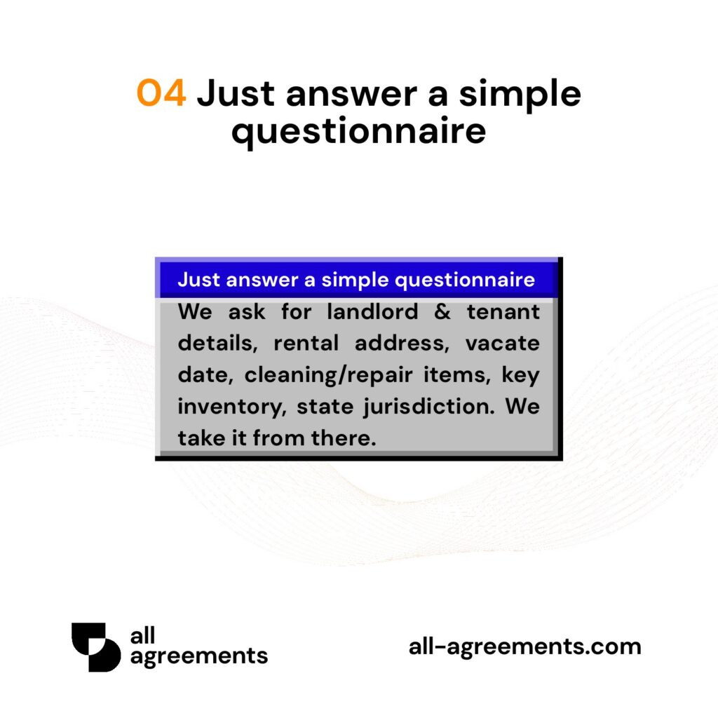Alt Text: Custom Move-Out Checklist Preparation Service – Page 5: Diagram showing questionnaire mapping property condition, cleaning status, key counts, final utility reads, and state laws.