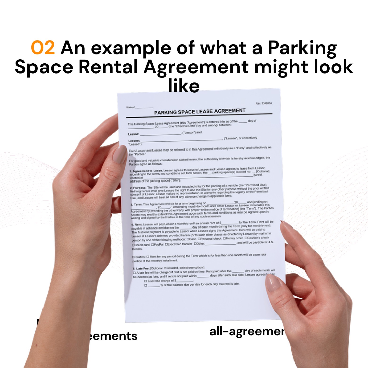 Alt Text: Custom Parking Space Rental Agreement Preparation Service – Page 3: Diagram of legal pillars including Space Location & Vehicle Specs, Rent & Deposit, Liability Disclaimer, and Towing Rules.