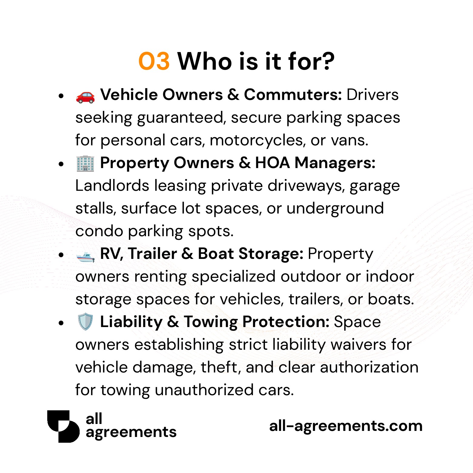 Alt Text: Custom Parking Space Rental Agreement Preparation Service – Page 4: Infographic showing use cases for property owners, drivers, HOA managers, and RV/boat storage.