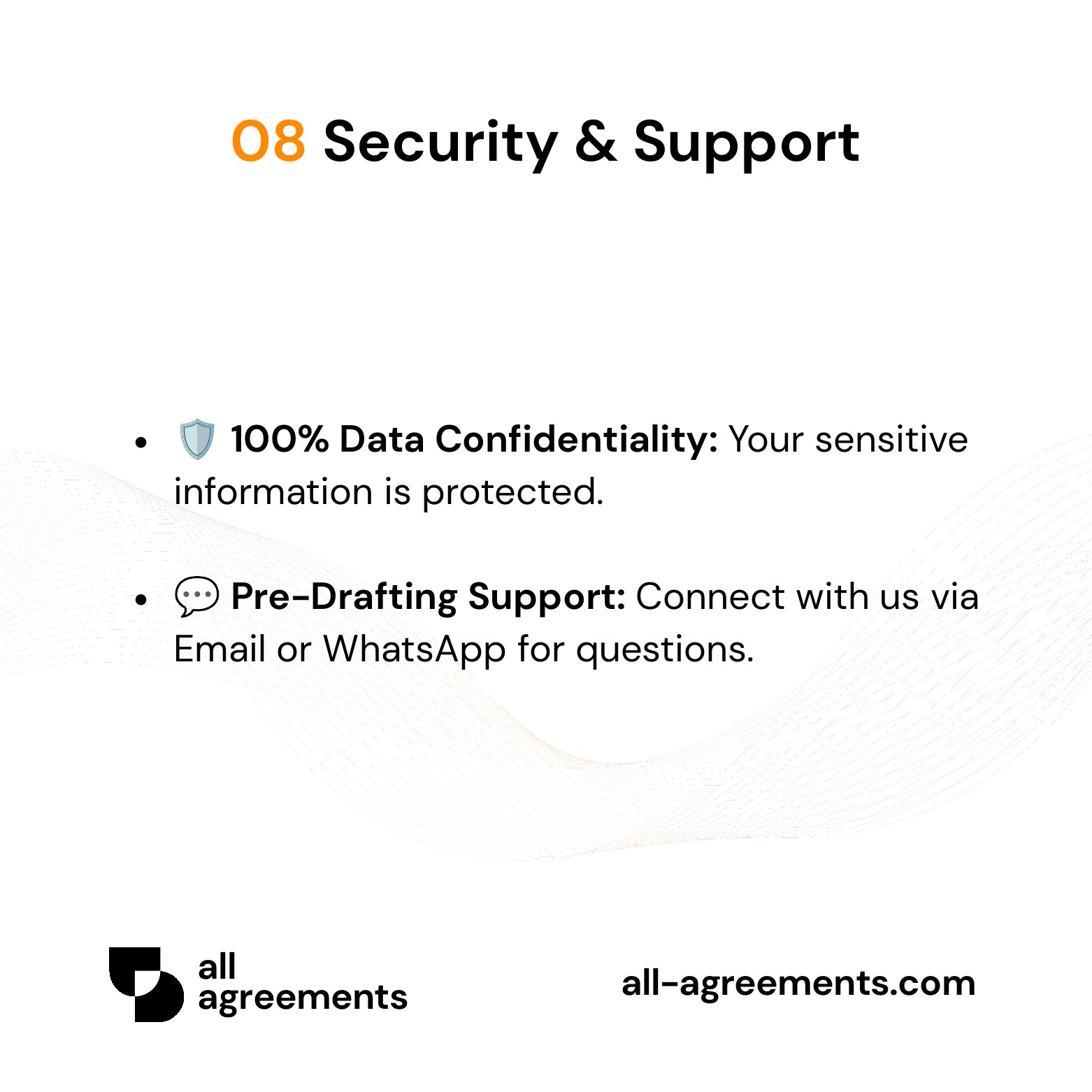 Alt Text: Custom Parking Space Rental Agreement Preparation Service – Page 9: Data privacy protection shield and pre-order customer support.