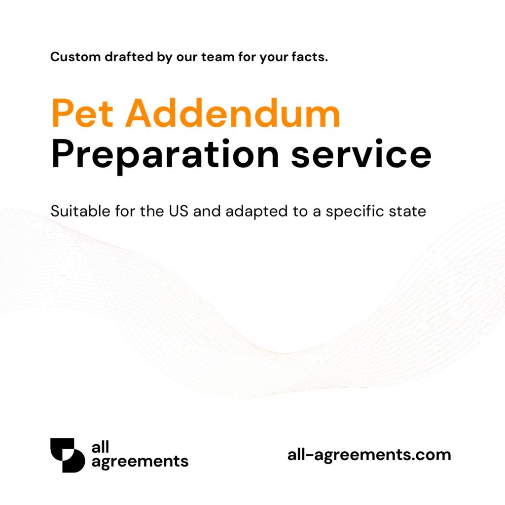 Alt Text: Custom Pet Addendum Preparation Service – Page 1: Product cover showing hand-prepared pet addendum and lease amendment document mockup.