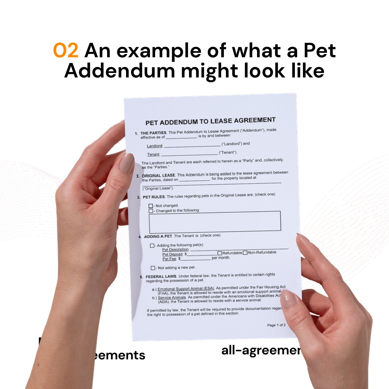 Alt Text: Custom Pet Addendum Preparation Service – Page 3: Diagram of legal pillars including Pet Identification, Financial Terms, Rules & Conduct, and Revocation Terms.
