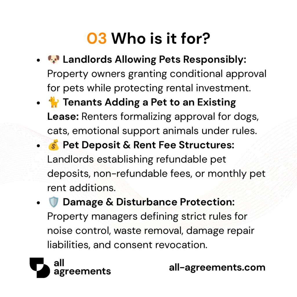 Alt Text: Custom Pet Addendum Preparation Service – Page 4: Infographic showing use cases for landlords, pet owners, fee structures, and damage liability.