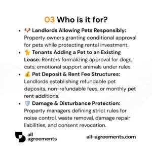 Alt Text: Custom Pet Addendum Preparation Service – Page 4: Infographic showing use cases for landlords, pet owners, fee structures, and damage liability.