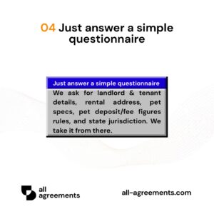 Alt Text: Custom Pet Addendum Preparation Service – Page 5: Diagram showing questionnaire mapping rental property address, pet details, fee breakdown, house rules, and state laws.