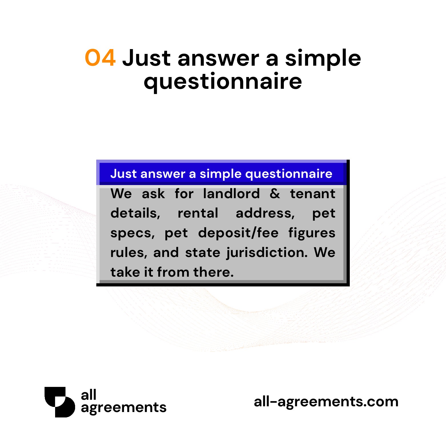 Alt Text: Custom Pet Addendum Preparation Service – Page 5: Diagram showing questionnaire mapping rental property address, pet details, fee breakdown, house rules, and state laws.