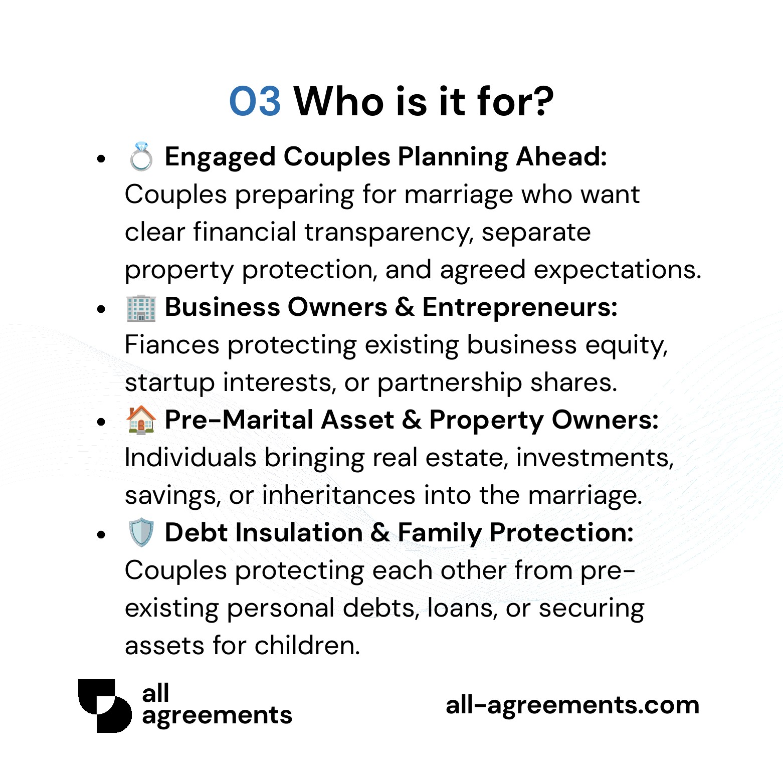 Alt Text: Custom Prenuptial Agreement Preparation Service – Page 4: Infographic showing use cases for engaged couples, business owners, property owners, and debt protection.