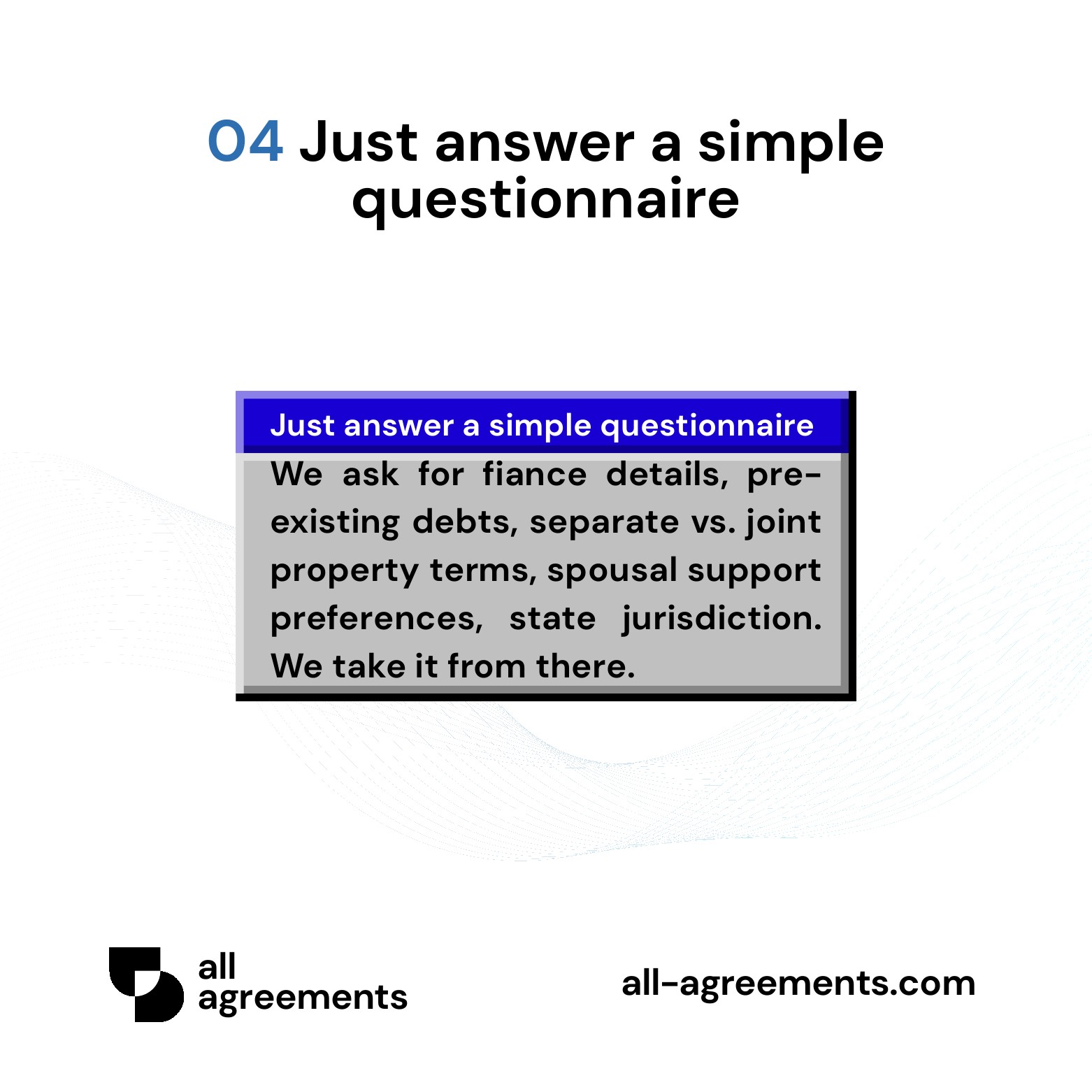 Alt Text: Custom Prenuptial Agreement Preparation Service – Page 5: Diagram showing questionnaire mapping fiance assets, debts, business valuation, and alimony rules.