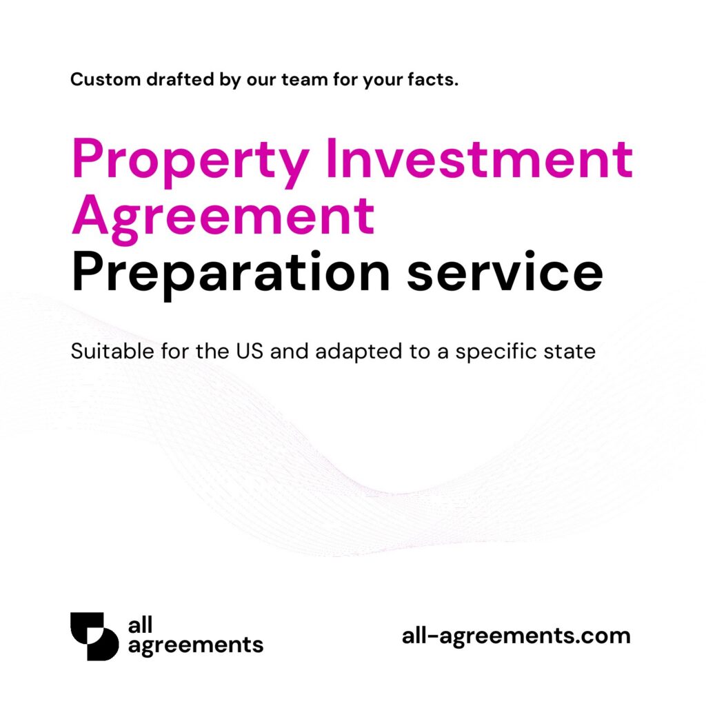 Alt Text: Custom Property Investment Agreement Preparation Service – Page 1: Product cover showing hand-prepared real estate investment agreement and investor document mockup.