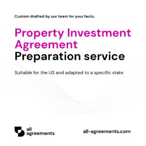 Alt Text: Custom Property Investment Agreement Preparation Service – Page 1: Product cover showing hand-prepared real estate investment agreement and investor document mockup.