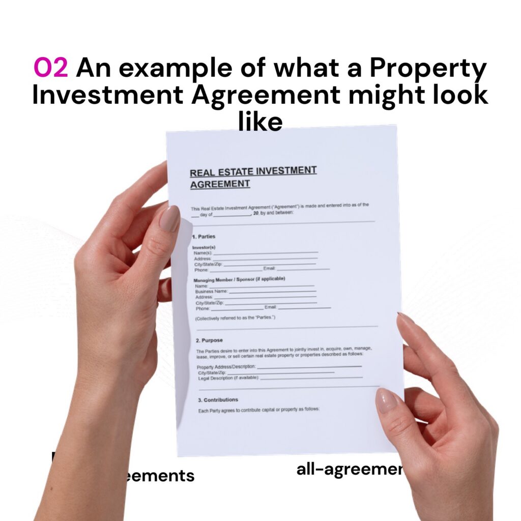 Alt Text: Custom Property Investment Agreement Preparation Service – Page 3: Diagram of legal pillars including Capital Contributions, Profit Waterfall & Preferred Return, Operator Governance, and Exit & Buyout Rights.